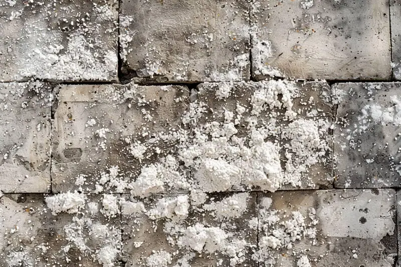 Mur intérieur en parpaings présentant des traces blanches poudreuses de salpêtre dans une pièce de sous-sol