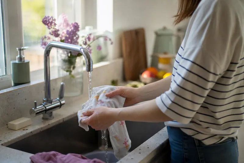 Parent traitant une tache de lait sur un body de bébé au-dessus d'un évier, eau froide qui coule.