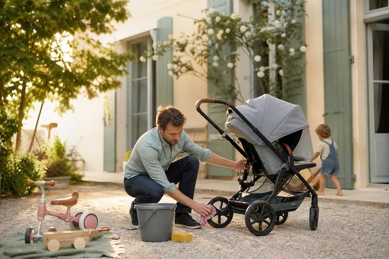 Parent nettoyant les roues d'une poussette avec un chiffon dans une cour extérieure ensoleillée.