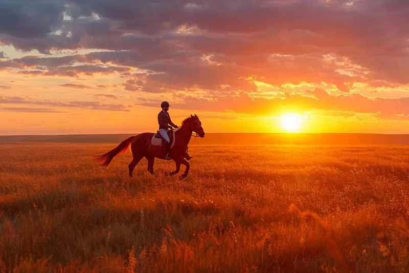 Une famille équipée de casques part en balade à cheval sur un chemin de campagne éclairé par le soleil couchant.