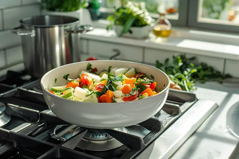Un parent sert un plat familial de légumes, légumineuses et poulet cuits dans une sauce, avec une casserole sur la cuisinière.