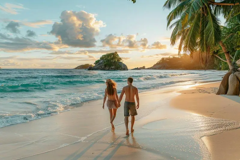 Deux parents marchant au coucher du soleil sur une plage granitique des Seychelles, avec une poussette tout-terrain garée à l'ombre d'un cocotier