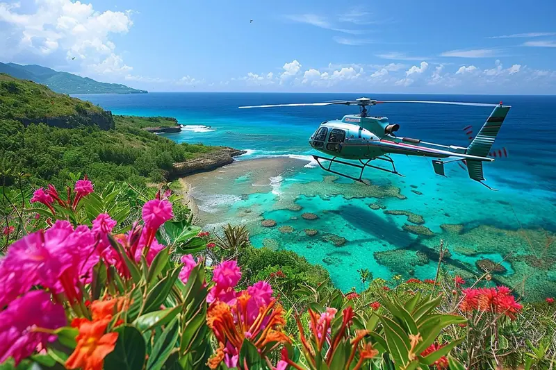 Vue aérienne d'un lagon turquoise, d'une plage et des reliefs verdoyants de Mahé aux Seychelles depuis un hélicoptère