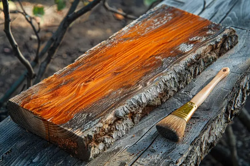 Main ponçant légèrement dans le sens du bois un meuble en bois lasuré avec une cale abrasive fine