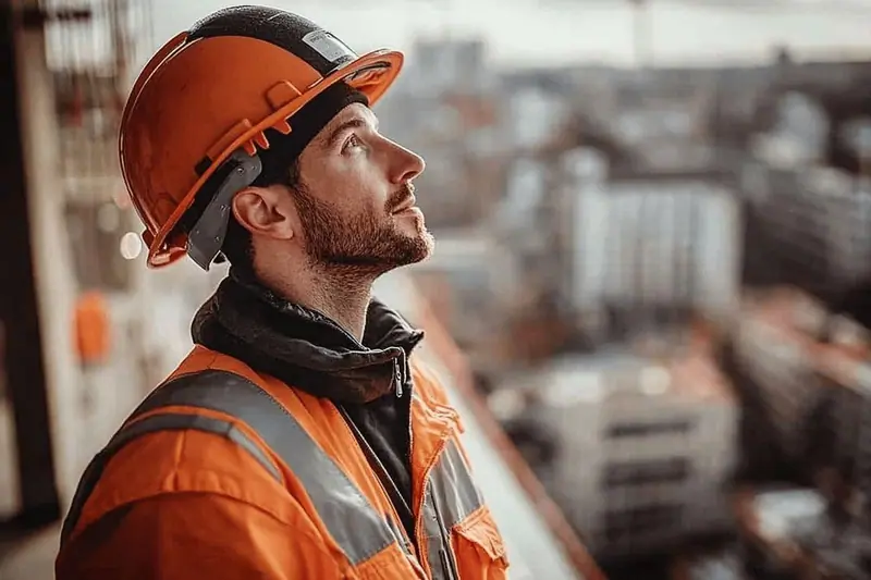 Un parent consulte une attestation d’assurance décennale avec un maçon devant les fondations d’une maison en travaux.