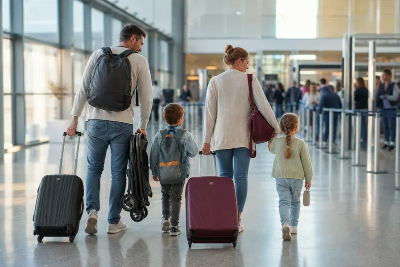 Famille avec une poussette et des bagages traversant le hall d'un aéroport en direction des contrôles de sécurité.