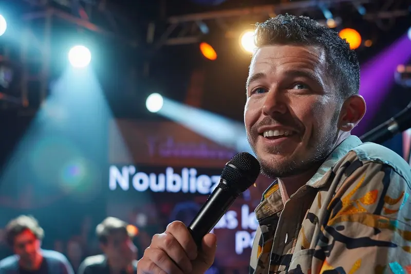 Un parent et son enfant regardent un jeu musical à la télévision et notent le prénom d'un candidat sur un carnet.
