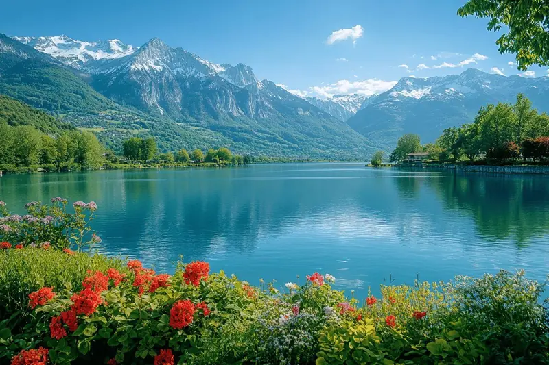 Une famille marche au bord du lac d’Annecy, face aux montagnes des Alpes et à l’eau turquoise.