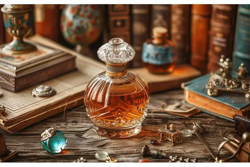 Plusieurs flacons de parfum vides et propres, regroupés sur une table d’atelier créatif avec des fleurs séchées et des rubans.