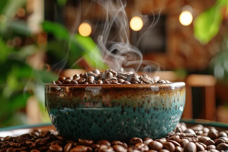 Un paquet de café en grain décaféiné bio, un moulin manuel et deux tasses posés sur une table de cuisine familiale