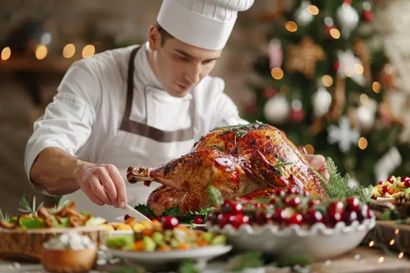 Table de Noël familiale dressée avec des plats festifs préparés par un traiteur, des assiettes et des bougies