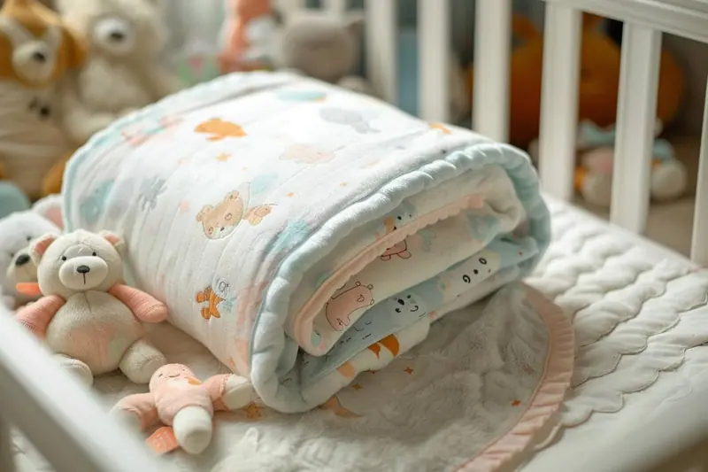 Une couverture réversible pliée sur un fauteuil dans une chambre de bébé, loin du lit à barreaux dégagé