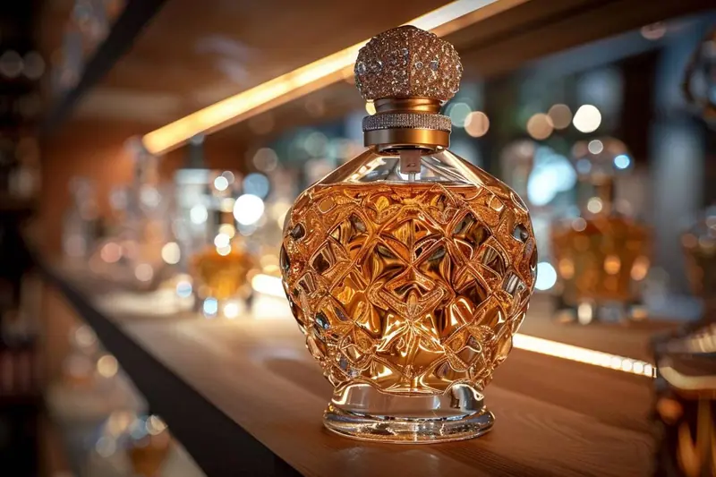 Un flacon de parfum sobre emballé dans un papier cadeau avec une carte manuscrite, posé sur une table lumineuse.