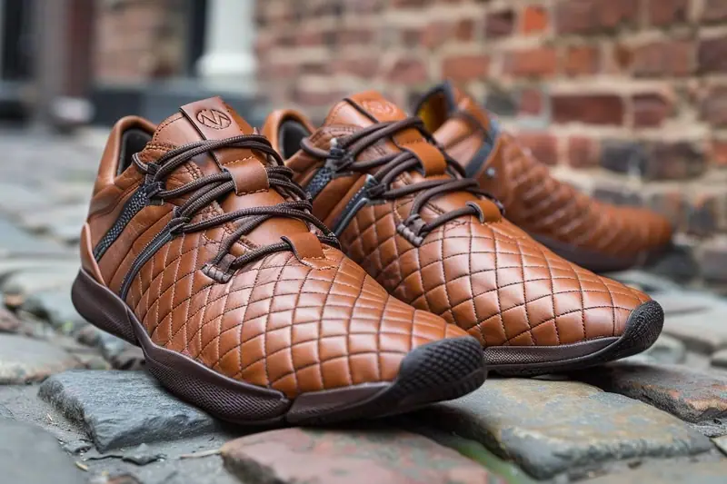 Paire de chaussures à lacets marron posée sur un banc, montrant la tige, les lacets et la semelle.