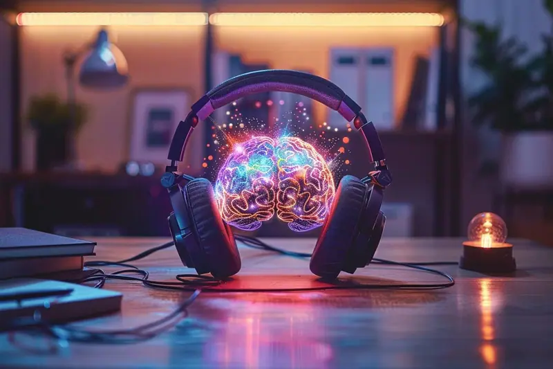 Un parent assis confortablement dans un salon calme, portant un casque audio pendant une courte pause détente, tandis qu’un minuteur est posé à côté de lui.