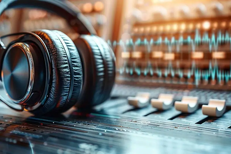 Un parent écoute calmement un audio au casque dans le salon pendant que son enfant lit à proximité.