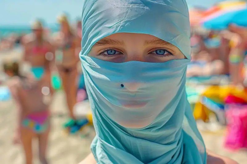Une famille sur une plage, équipée de maillots anti-UV, chapeaux à larges bords et d'un facekini coloré.