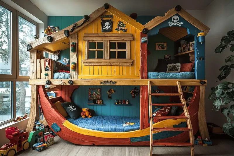 Chambre d’enfants avec un lit superposé cabane en bois, une échelle sécurisée et un espace de jeu dégagé au sol.