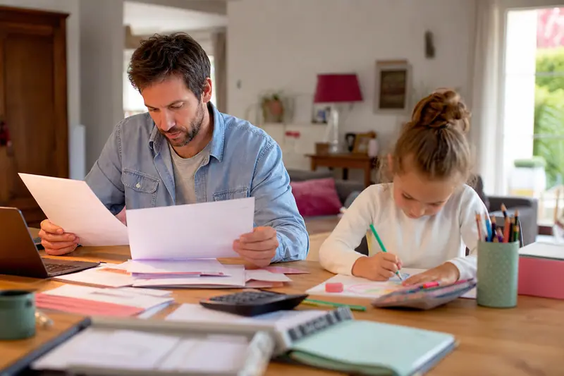 Un parent remplit un dossier d'ouverture d'épargne à la table du salon pendant que son enfant dessine à côté.