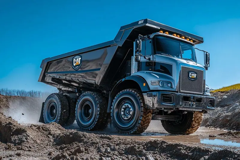 Camion benne chargé de terre sur un chantier de terrassement, près d’une pelle mécanique