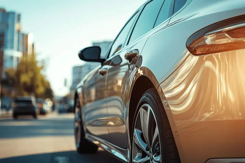 Une famille charge des valises et un siège auto dans le coffre d'une voiture automatique de location