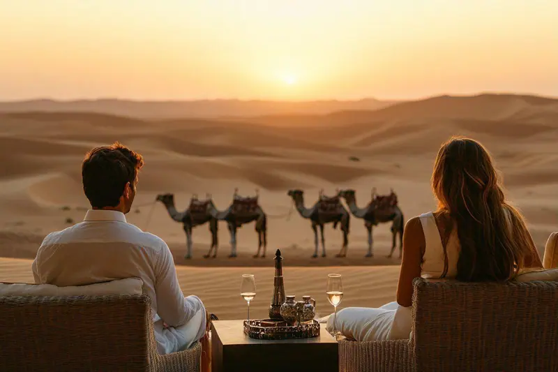 Un couple marche au coucher du soleil sur les dunes ocre du désert de Sharqiya Sands, à Oman.