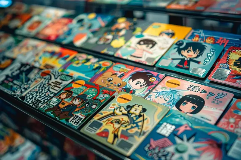 Une carte bancaire décorée d’un sticker manga, posée près d’un portefeuille fermé, sans que la puce ni les données bancaires soient visibles.
