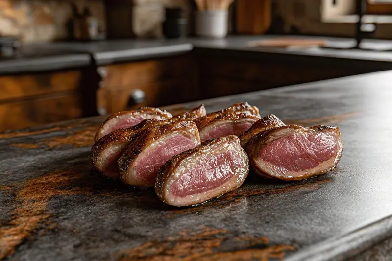 Deux magrets de canard crus sous vide, posés sur une planche en bois avec une étiquette de traçabilité visible.