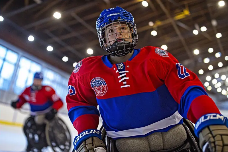 Jeune joueur de hockey fauteuil vu de face, assis dans son fauteuil électrique et portant un maillot d’équipe bleu à manches courtes