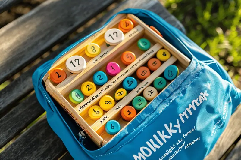 Une famille transporte un jeu de Mölkky dans une sacoche à bandoulière avant une partie dans un parc