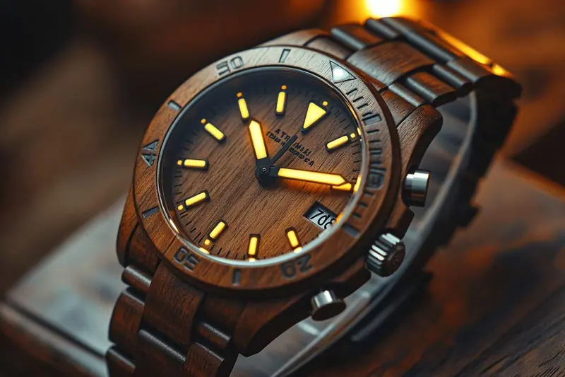 Montre-bracelet en bois à cadran sombre et aiguilles luminescentes visible dans une pièce peu éclairée