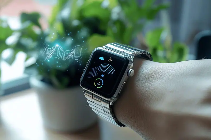 Parent consultant une montre connectée à assistant vocal alors qu’il prépare le départ des enfants