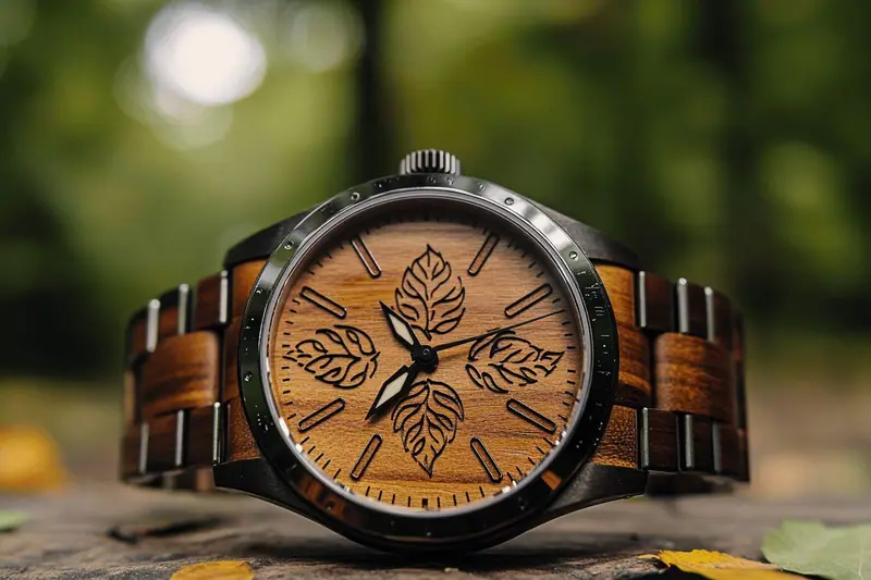 Montre en bois clair à bracelet brun posée sur une table près de feuilles et d'un sac de sortie familiale