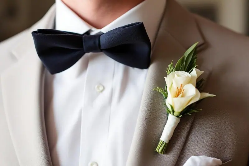 Parent en costume bleu marine portant un nœud papillon terracotta et une boutonnière de fleurs aux tons crème et terracotta
