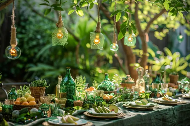 Table de fête familiale décorée avec une nappe en tissu, de la vaisselle réutilisable, des gourdes et des fanions lavables