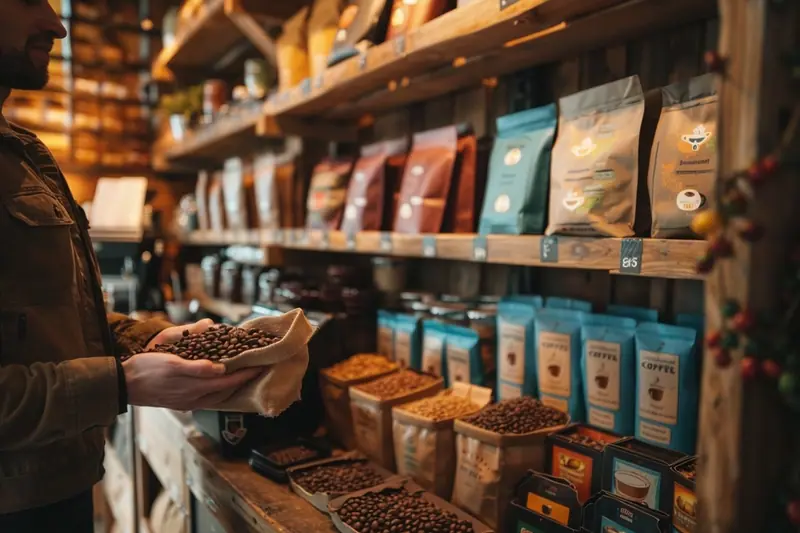 Un sachet de café en grain posé près d’un moulin à café et de tasses sur le plan de travail d’une cuisine familiale