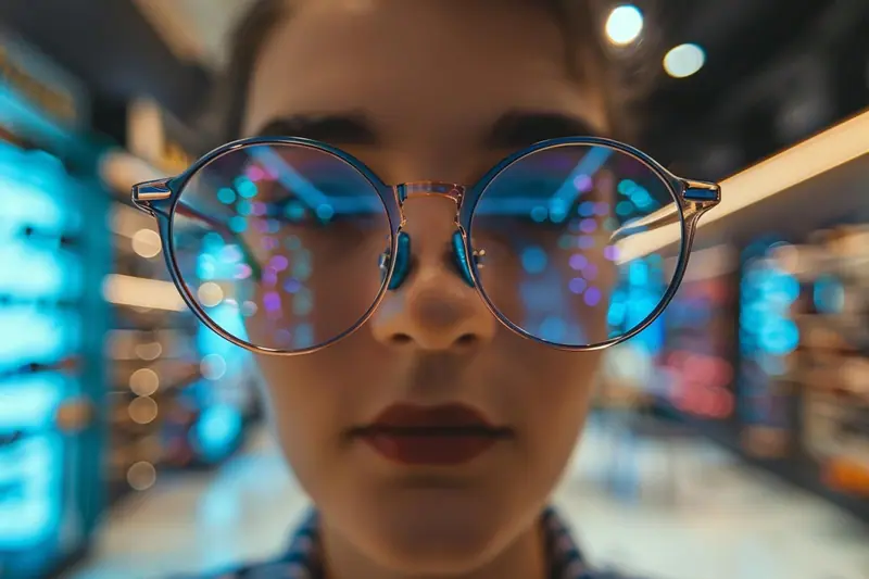 Un parent compare des lunettes loupes prêtes à porter dans un présentoir de pharmacie.