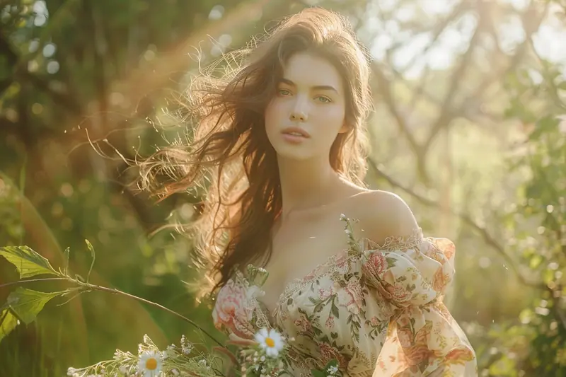 Femme essayant une robe longue bohème vintage à imprimé fleuri devant un miroir, dans une chambre lumineuse