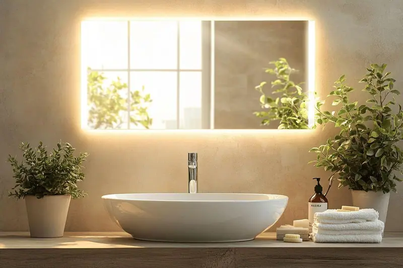 Salle d’eau familiale équipée d’un panneau radiant lumineux fixé en hauteur, loin de la douche et des projections d’eau.