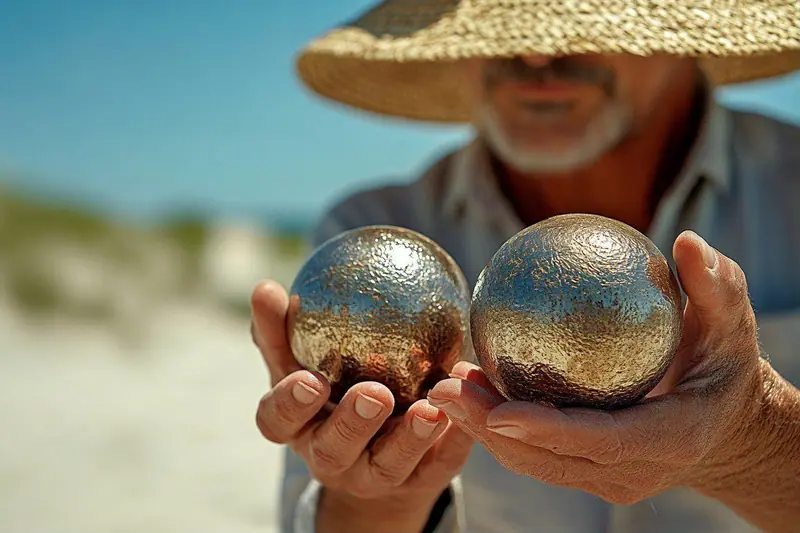 Une famille joue à la pétanque sur un terrain stabilisé pendant des vacances d'été, avec des boules métalliques, un cochonnet et un cercle de lancer.