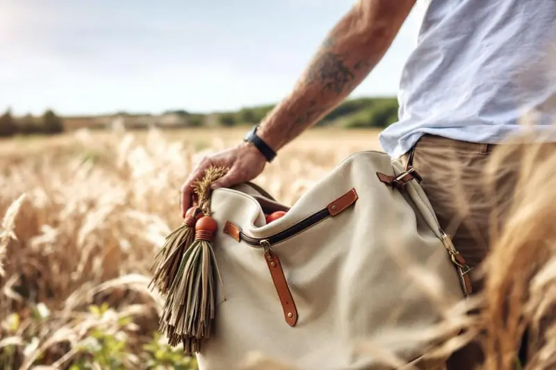 Un sac de transport compartimenté contenant des boules de pétanque, un cochonnet et un mètre pliant, posé près d’un terrain de gravier.