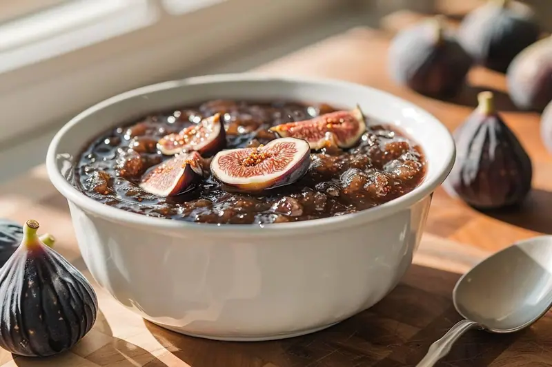 Petits pots de compote de figues maison refroidie, prêts à être placés au congélateur pour les goûters des enfants.
