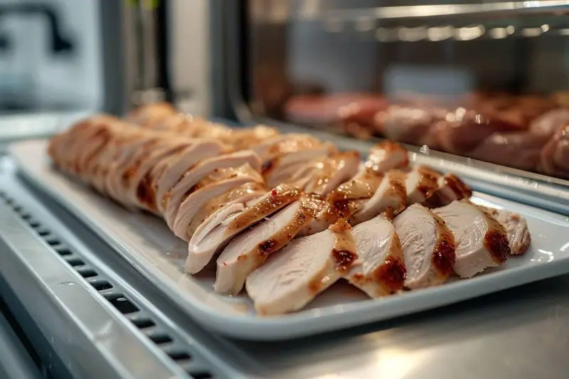 Portions de blanc de poulet en tranches emballées à plat dans des sacs de congélation étiquetés