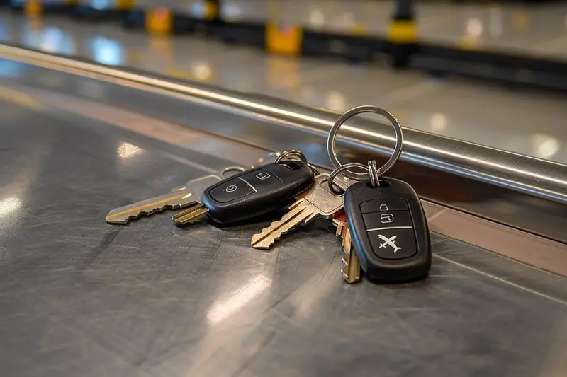 Une famille avec valises vérifie les conditions de stationnement sur son téléphone avant de partir vers l’aéroport
