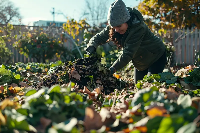 Un parent et deux enfants déposent des épluchures dans un composteur en bois au fond du jardin.