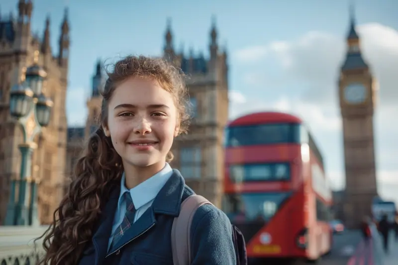 Un adolescent avec un sac à dos devant un train à destination de l’Angleterre, prêt pour un séjour linguistique