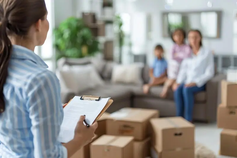 Deux parents comparent des devis de déménagement à table, avec des cartons et un plan du nouveau logement.