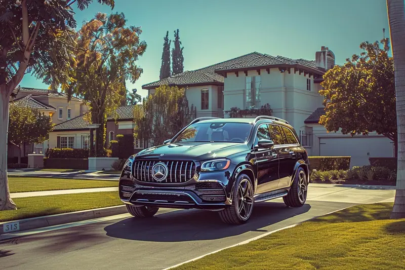 Mercedes GLS garée devant une maison, avec les portes arrière ouvertes pour installer des enfants à bord