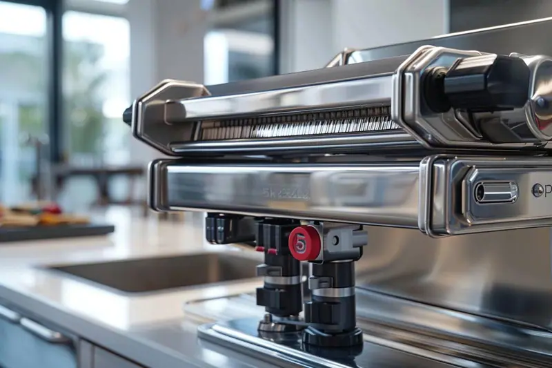 Un robot pâtissier équipé d’une presse à pâtes extrude des rigatoni frais dans un saladier, avec de la semoule et des œufs sur le plan de travail.
