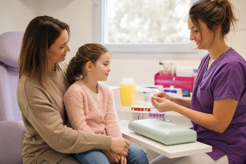 Parent rassurant un enfant assis sur ses genoux juste avant une prise de sang dans un laboratoire d'analyses médicales.